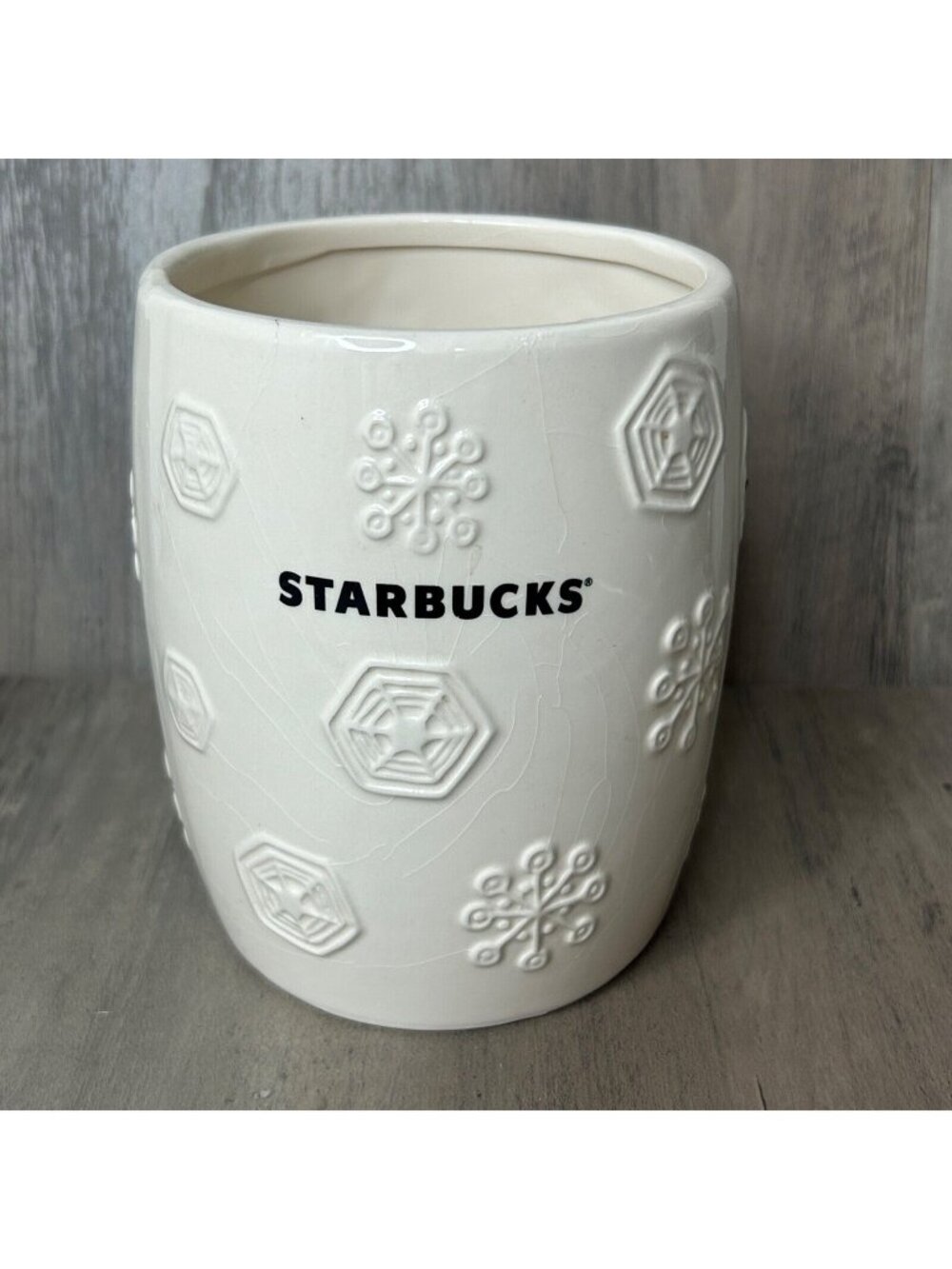 Starbucks 2011 White Snowflake Christmas Canister Coffee Bean Cookie Jar -NO Lid
